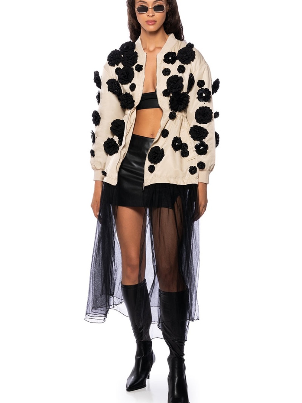 AKIRA Ivory Jacket with Black 3D Floral Appliqué and Sheer Tulle Hem